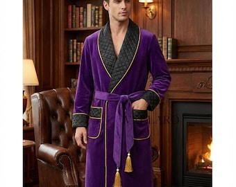 Luxury Purple Velvet Men’s Robe | Quilted Shawl Collar Dressing Gown | Herren Samt Morgenmantel | Peignoir Homme Luxe Herren Peignoir Homme