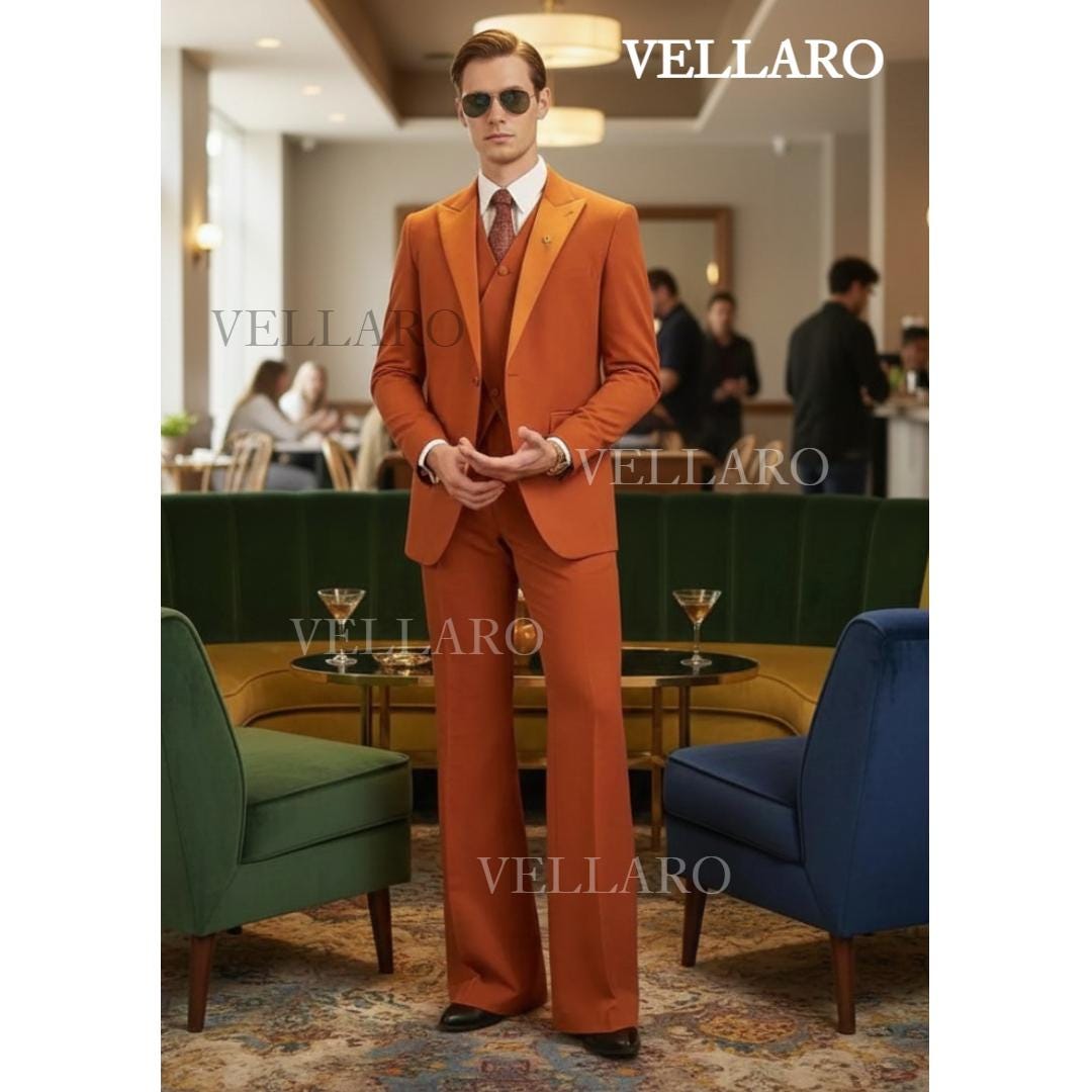 Burnt Orange 3-piece 70s Retro Suit With 1970s Flared Trousers