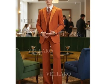 Burnt Orange 3-Piece 70s Retro Suit with 1970s Flared Trousers Modern Herrenmode Costume Homme Orange Retro Inspired Sartorial Elegance