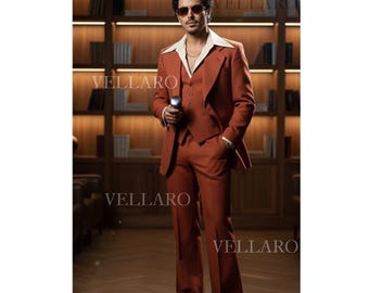 Rust Orange 70s Flared Leg  3-Piece Suit for Men | Retro Bell Bottom Disco Suit | Vintage Anzug Herren | Costume Années 70 Homme | Old Money