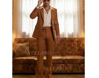 70s Burnt orange Flared Leg Suit for Men | Vintage Bell Bottom Tailored Anzug Herren | Costume Homme Années 70 | Retro Disco Wedding Suit
