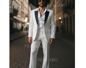 Traje de esmoquin retro blanco de los años 70 para hombre / Traje de pierna acampanada de los años 70 / Regalo vintage para él