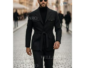 Men’s Black Belted Utility Suit | Herrenanzug Schwarz mit Gürtel | Costume Homme Noir Ceinturé | Old Money Tailored Safari Suit