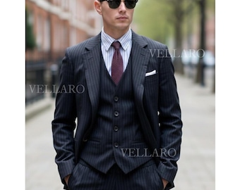 Navy Pinstripe 3-Piece Suit Business Formal Trauanzug Homme Élégant Wedding Outfit Classic Stripe Wedding fit Retro Inspired Herren Anzug