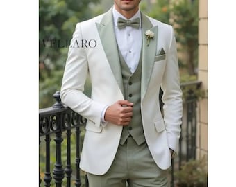 Men’s White & Sage Green Tuxedo Suit | Groom Wedding Suit | Anzug Herren weiss salbeigrün | Costume Homme mariage vert | 3-Piece Luxury Set