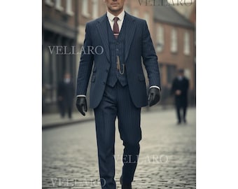 Men’s Peaky Blinders 1920s Navy Pinstripe 3-Piece Suit | Vintage British Gangster Anzug Herren | Costume Trois Pièces Homme | Old Money suit