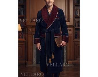 Vellaro Christmas Velvet Men’s Robe Smoking Jacket Gown | Navy & Burgundy Velvet Housecoat | Samt Morgenmantel Herren Peignoir Velours Homme