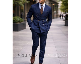 Men’s Navy Blue Double Breasted Suit | Custom Tailored Business Suit Herren Anzug Costume Homme | Luxury Wedding Formal Suit Made to Measure
