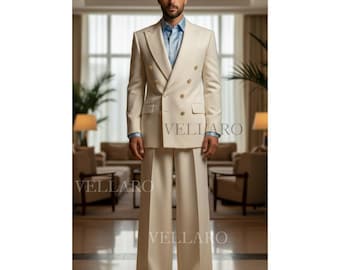 Elfenbensvit dubbelknäppt kostym med vida ben för män | Vintage 1930-talsinspirerad skräddarsydd kostym Herren Anzug Elegant kostym Homme Old Money Style