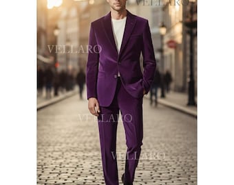 May include: A man in a striking purple velvet suit, with a white t-shirt and black shoes, strides along a cobbled street. The suit includes a two-button blazer and matching trousers. The background depicts a European cityscape.