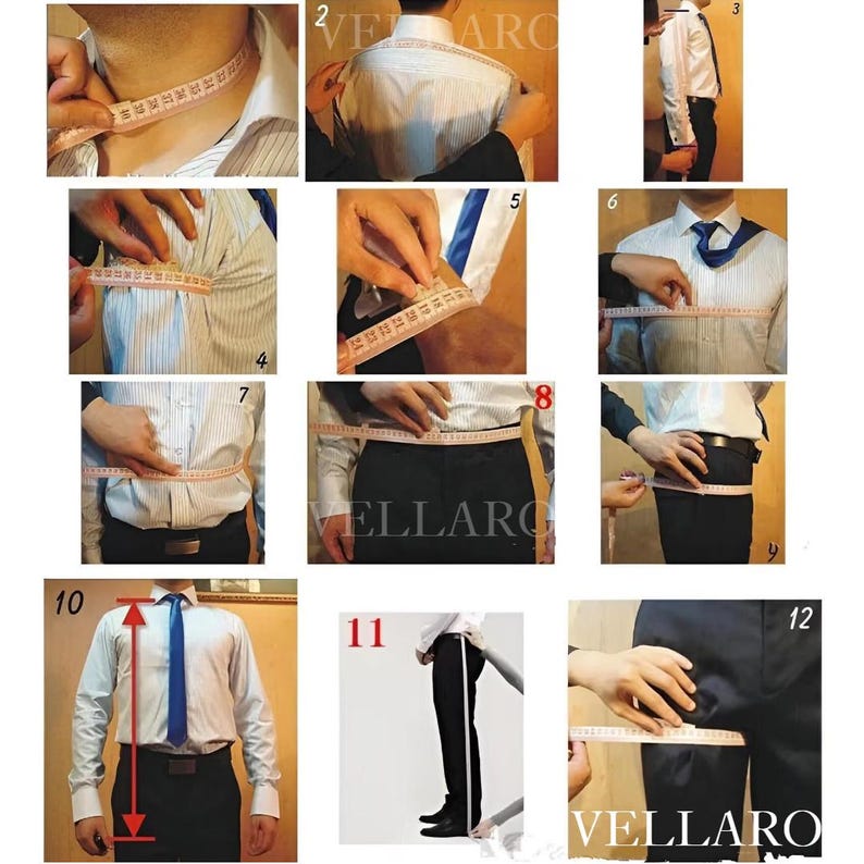 May include: A series of images demonstrating how to measure various parts of the body for clothing. The images show measurements being taken around the neck, shoulders, chest, waist, and inseam using a measuring tape. The images are numbered and include the word "VELLARO".