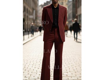 Burgundy 70s Flared Leg Suit for Men | Bell Bottom Retro Anzug Herren | Costume Années 70 Homme | Vintage Disco Style Slim Fit Suit Retro