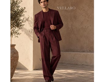 Traje burdeos de los años 70 para hombre, pantalones anchos retro, ropa masculina vintage de los años 70, traje de pantalón acampanado, atuendo de novio para boda disco, Anzug Herren