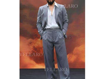 May include: A gray suit with a matching blazer and wide-leg pants. The suit is worn with a light blue dress shirt and dark sunglasses. The word "VELLARO" is printed on the image.