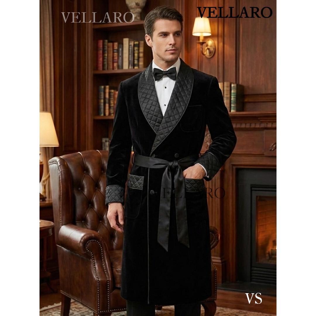 Luxury Black Velvet Men’s Robe | Quilted Shawl Collar Dressing Gown ...