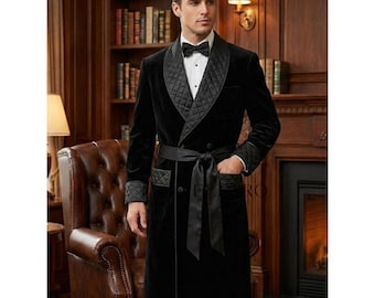 Luxury Black Velvet Men’s Robe | Quilted Shawl Collar Dressing Gown | Herren Samt Morgenmantel | Peignoir Homme Luxe Herren Peignoir Homme