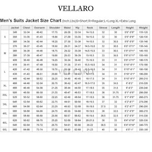 May include: A men's suit size chart, providing measurements for jacket, chest, overarm, shoulder, waist, hip, neck, sleeve, length, height, and weight. Measurements are in inches and pounds, with sizes from S to 6XL.