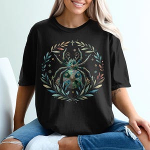 Bohemian Patchwork Spider T-Shirts, Whimsical Teal Blue Green Arachnid, Unique Spiritual Insect Art Tee, Intricate Watercolor Design Top