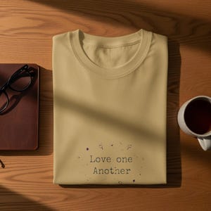 May include: A folded, pale beige t-shirt with the words "Love one Another" printed on the front. The shirt is on a wooden surface, with a brown notebook, glasses, and a white mug of tea nearby.