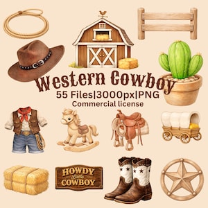 May include: Watercolor illustration of Western-themed elements. Includes a cowboy hat, barn, cactus, saddle, boots, and a wooden sign that says "Howdy Little Cowboy". The text "Western Cowboy" is also present.
