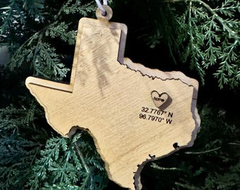 Custom Wood State Ornament: Engraved Home Coordinates