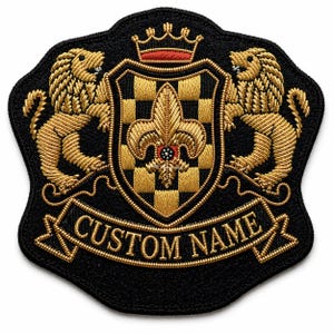 May include: Embroidered black patch with a heraldic design. Features two gold lions flanking a shield with a gold fleur-de-lis and checkered pattern. The banner reads "CUSTOM NAME" in gold.
