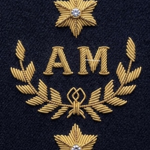 Op de afbeelding: Close-up van een marineblauwe geborduurde patch met gouden details. Het ontwerp omvat de letters "AM", twee sterren met een centrale edelsteen en een laurierkrans. De borduursels zijn gedetailleerd en gestructureerd.