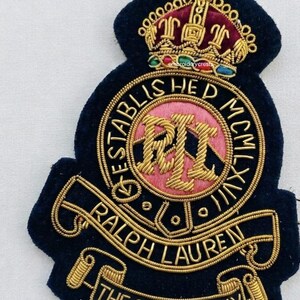 RALPH LAUREN Handmade Embroidered Golden Bullion wire crest patch sew-on for jackets, coats