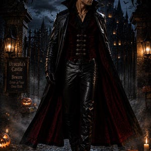 Puede incluir: Una persona viste un abrigo largo de cuero negro con forro interior rojo oscuro, un chaleco de terciopelo oscuro con cierres met&aacute;licos y pantalones de cuero negro. Un letrero dice: Dracula's Castle, Beware, Enter at Your Own Risk, entre calabazas.