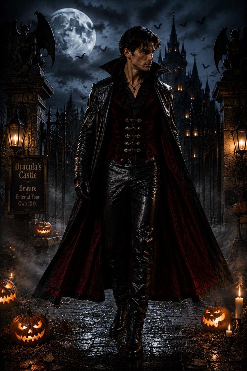 Puede incluir: Una persona viste un abrigo largo de cuero negro con forro interior rojo oscuro, un chaleco de terciopelo oscuro con cierres met&aacute;licos y pantalones de cuero negro. Un letrero dice: Dracula's Castle, Beware, Enter at Your Own Risk, entre calabazas.