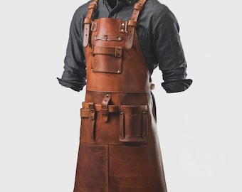 Full Grain Leather Apron with Pockets - Heavy Duty Shop Smock for BBQ & Grills