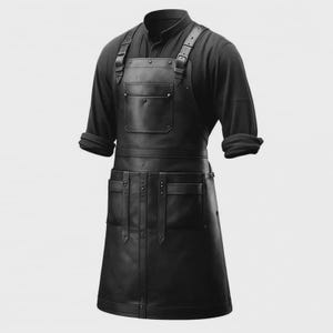 May include: Black leather apron with adjustable straps and multiple pockets. The apron has a chest pocket and two lower pockets, and is designed to be worn over clothing. The apron is a dark, solid colour and appears to be made of durable material.