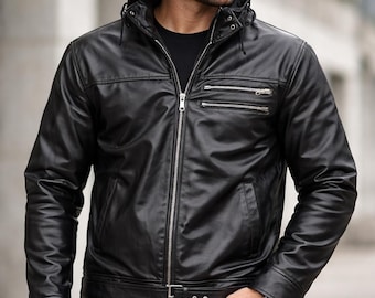 Men’s Genuine Leather Hooded Biker Jacket - Black Winter Coat