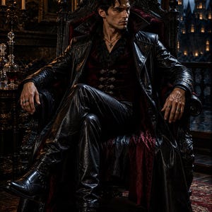 Puede incluir: Una persona viste un abrigo largo de cuero negro sobre un chaleco de terciopelo rojo oscuro con botones met&aacute;licos y una camisa negra con volantes. El conjunto incluye pantalones de cuero negro y botas de cuero negro, con anillos de plata y un colgante.