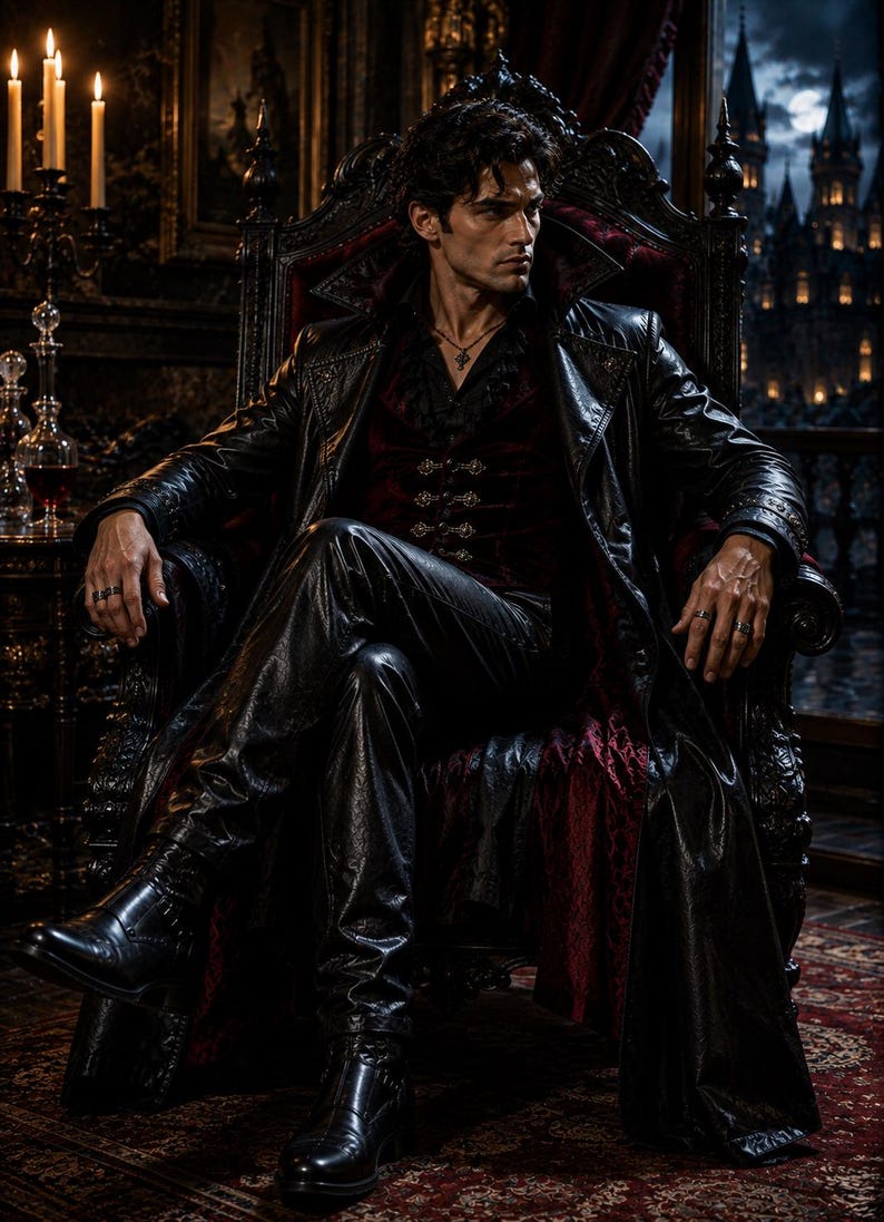 Puede incluir: Una persona viste un abrigo largo de cuero negro sobre un chaleco de terciopelo rojo oscuro con botones met&aacute;licos y una camisa negra con volantes. El conjunto incluye pantalones de cuero negro y botas de cuero negro, con anillos de plata y un colgante.