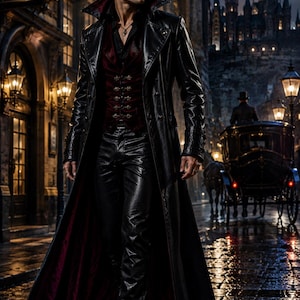 Puede incluir: Una gabardina larga de cuero negro con forro rojo oscuro, sobre un chaleco de terciopelo rojo oscuro con botones dorados y una camisa negra. El conjunto incluye pantalones de cuero negro y botas negras, creando una apariencia oscura.