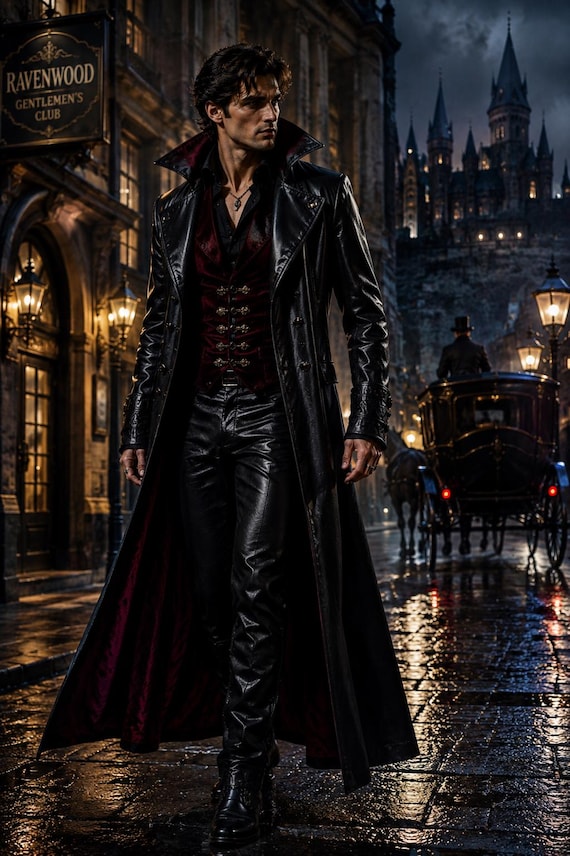 Black Leather Vampire Coat for Men, Gothic Long Trench, Dracula Style (Custom Sizing)