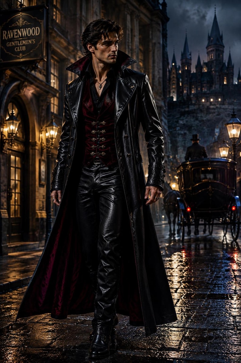 Puede incluir: Una gabardina larga de cuero negro con forro rojo oscuro, sobre un chaleco de terciopelo rojo oscuro con botones dorados y una camisa negra. El conjunto incluye pantalones de cuero negro y botas negras, creando una apariencia oscura.