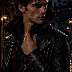 Puede incluir: Un abrigo de cuero negro con un cuello alto y estructurado que presenta un forro interior de color rojo oscuro, botones met&aacute;licos ornamentados en los pu&ntilde;os y el frente, y un acabado texturizado, sobre una camisa oscura con cuello de volantes.