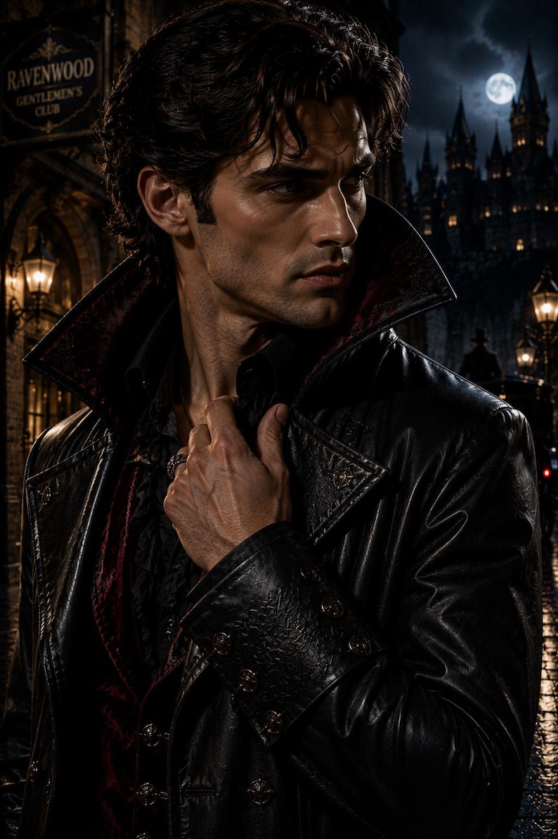 Puede incluir: Un abrigo de cuero negro con un cuello alto y estructurado que presenta un forro interior de color rojo oscuro, botones met&aacute;licos ornamentados en los pu&ntilde;os y el frente, y un acabado texturizado, sobre una camisa oscura con cuello de volantes.