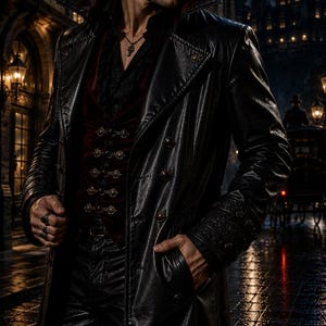 Puede incluir: Una gabardina larga de cuero negro con cuello alto, sobre un chaleco de terciopelo burdeos oscuro con cierres met&aacute;licos dorados ornamentados. El conjunto incluye una camisa negra, pantalones de cuero negro y anillos de plata.
