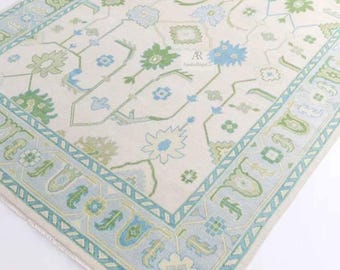 Handgeknüpfter Blauer Oushak Teppich, Luxus Teppich aus Neuseeland Wolle, Handwerklich Geometrischer Erbstück für Wohnzimmer & Designer-Interieurs