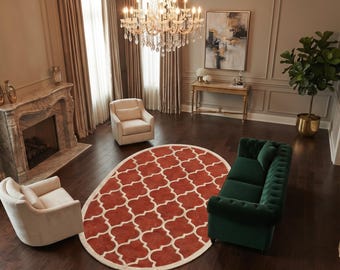 Terracotta Moroccan Oval Rug, Hand Tufted New Zealand Wool, Ivory Trellis Rug, 8x10 Living Room Area Rug