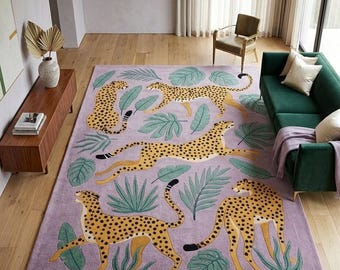 Lavender Cheetah Hand Tufted Wool Rug 8x10 | Maximalist Tropical Leaf Decor | Luxury Leopard Statement Rug for Living Room
