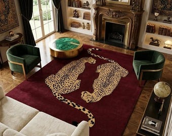 Geparden Wollteppich 200x300, Handgetufteter Bordeaux Teppich, Großer Luxus Wohnzimmerteppich, Tierdruck Modernes Dekor