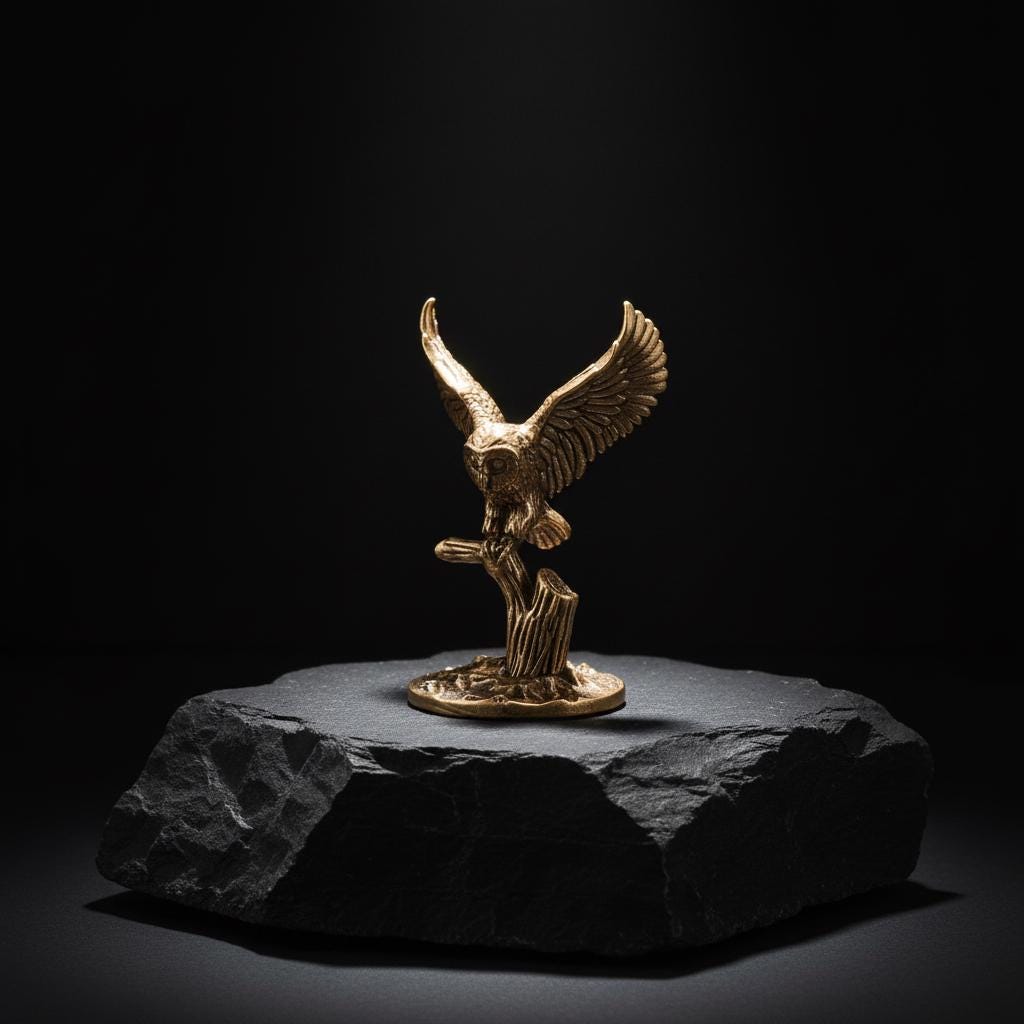 Solid Brass Flying Owl Figurine - Miniature Bird Statue on Branch - Gold Animal Decor - Wisdom Symbo