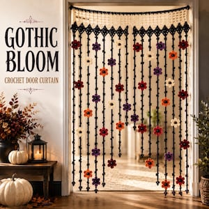 May include: A crochet door curtain featuring vertical black strands adorned with small, multi-colored flowers in shades of red, orange, purple, and cream. The top section has a white lattice border. Text on the wall reads GOTHIC BLOOM CROCHET DOOR CURTAIN.