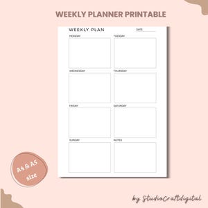 Peut inclure: Un planificateur hebdomadaire imprimable avec le texte "WEEKLY PLANNER PRINTABLE". Le planificateur comprend des sections pour chaque jour de la semaine, une section de date et une section de notes. Disponible en formats A4 et A5.