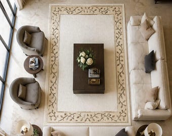 Neutral Floral Border Rug, Beige Cream Tufted Area Rug, Vintage Style Living Room Carpet