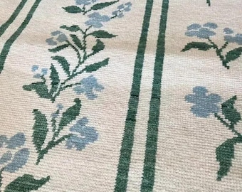 Handknuten ull Oushak - Vit, blå och grön knuten för matplats, vardagsrum och sovrum
